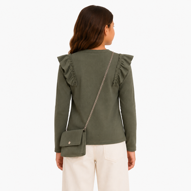 Meisjes ribtop met ruffles + tasje – legergroen