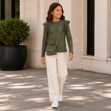 Meisjes ribtop met ruffles + tasje – legergroen