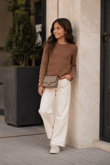 Bruine Ribgebreide camel Meisjestrui met Gouden Knoopdetails