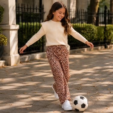 Meisjes flair broek – beige panterprint