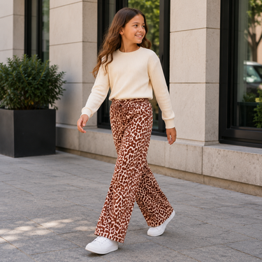 Meisjes flair broek – beige panterprint