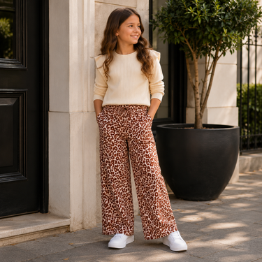 Meisjes flair broek – beige panterprint