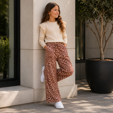 Meisjes flair broek – beige panterprint