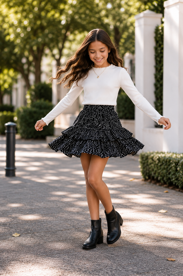 Meisjes rok met laagjes – zwart-witte print