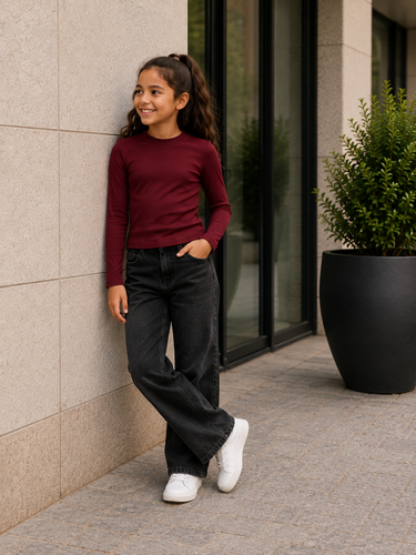 Meisjes Ribgebreide Top – Bordeaux