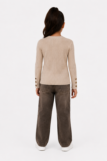 Meisjes Ribgebreide Taupe Trui
